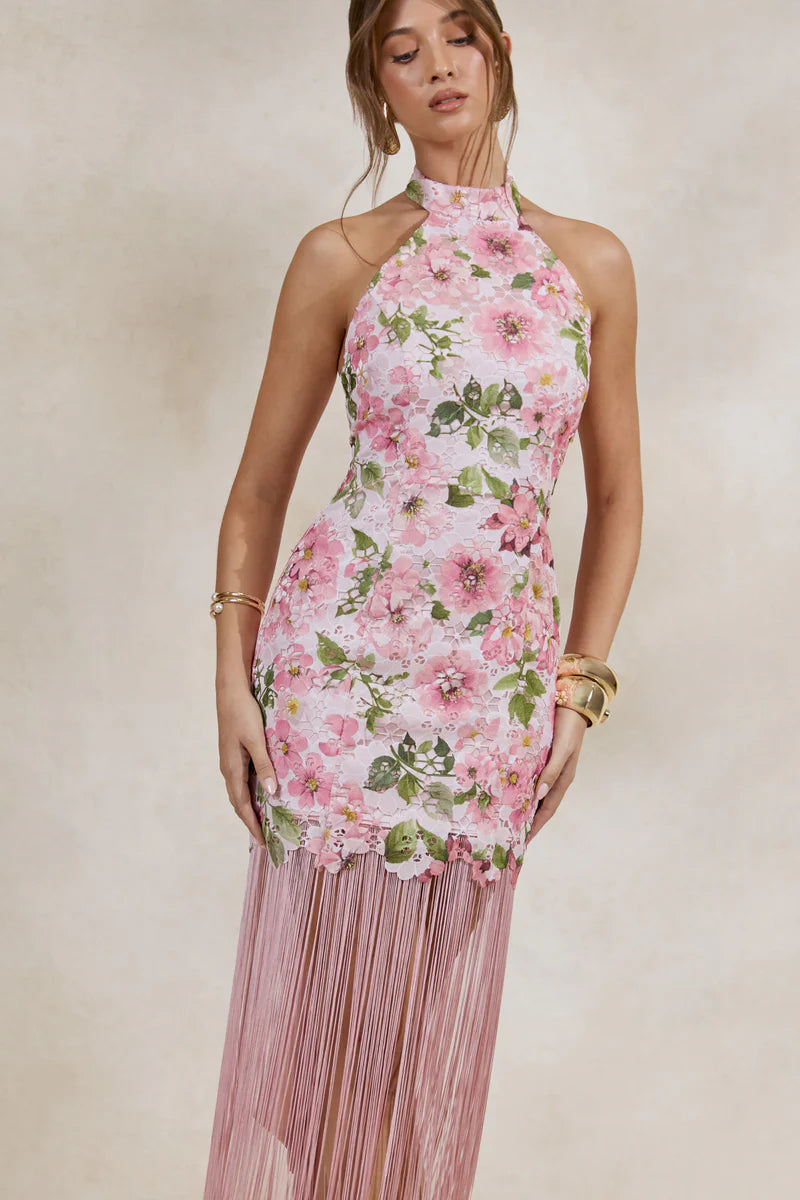 Pink Floral Print Lace Halter-Neck Fringed Maxi Dress