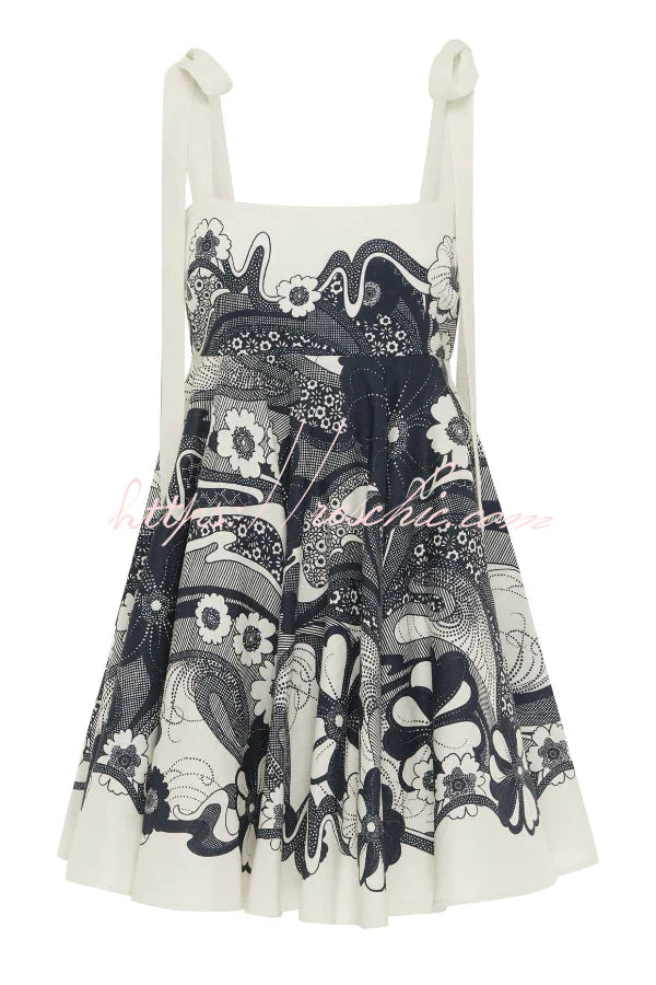 Unique Print Square Neck Spaghetti Strap Tie Full Hem Mini Dress
