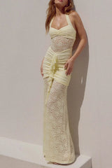 Halterneck Lace Patchwork Ruched Dress