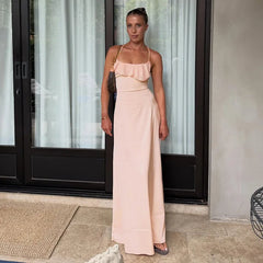 Pink Ruffle Back Tie Up Maxi Dress