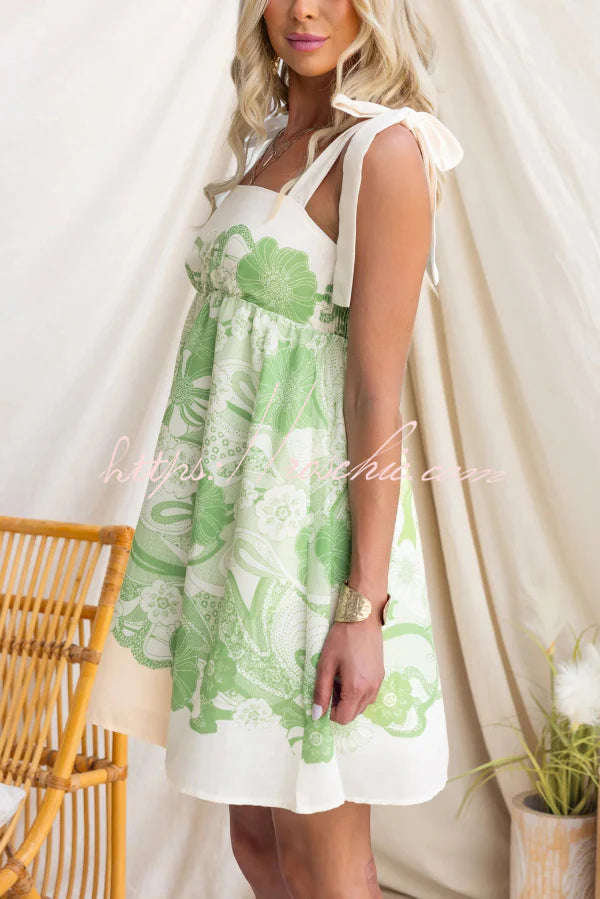 Unique Print Square Neck Spaghetti Strap Tie Full Hem Mini Dress
