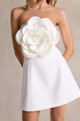 Daffodil | White Bandeau Mini Dress With Large Floral Corsage