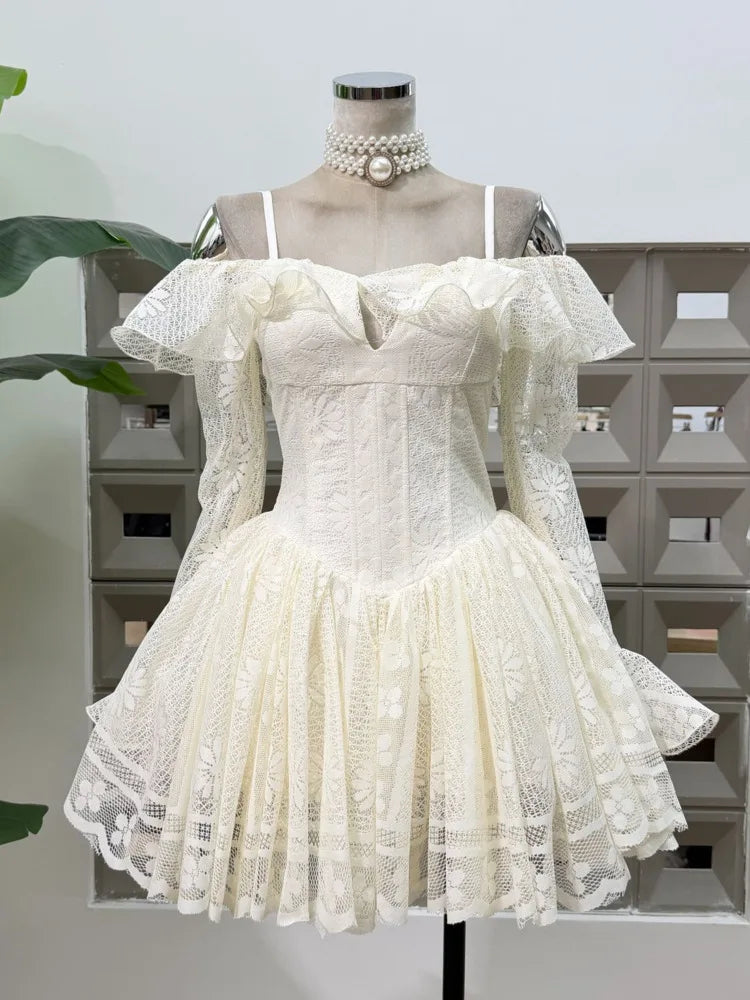 Off Shoulder Lace Corset Flared Mini Dress