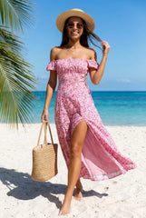 Floral Puff Sleeve Tie-back Slit Dress