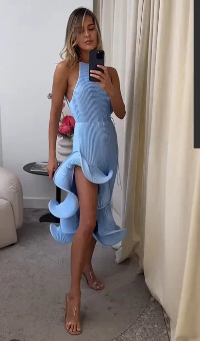 Sculpted Ruffle Asymmetric Hem Halter Midi Dress