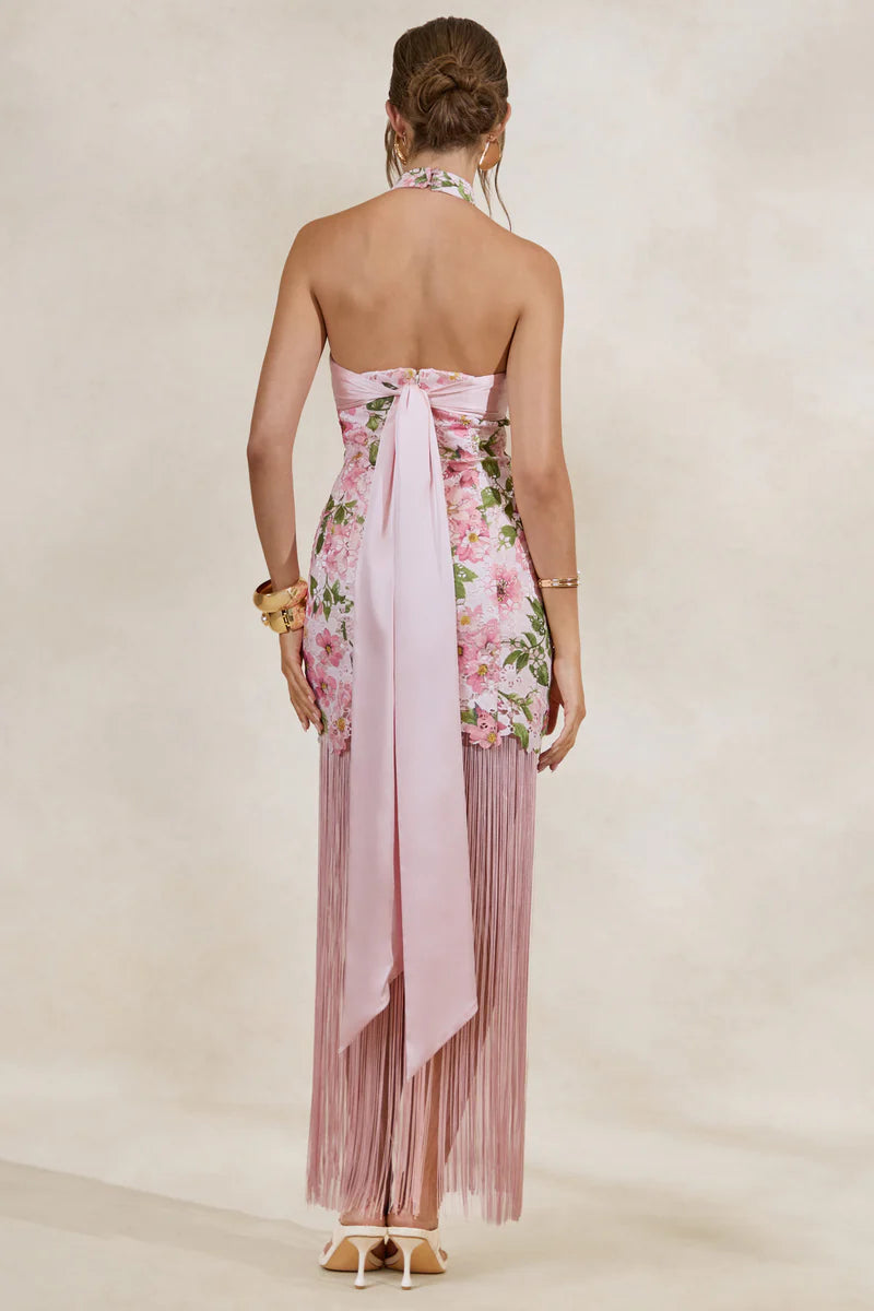 Pink Floral Print Lace Halter-Neck Fringed Maxi Dress