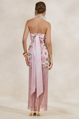 Pink Floral Print Lace Halter-Neck Fringed Maxi Dress