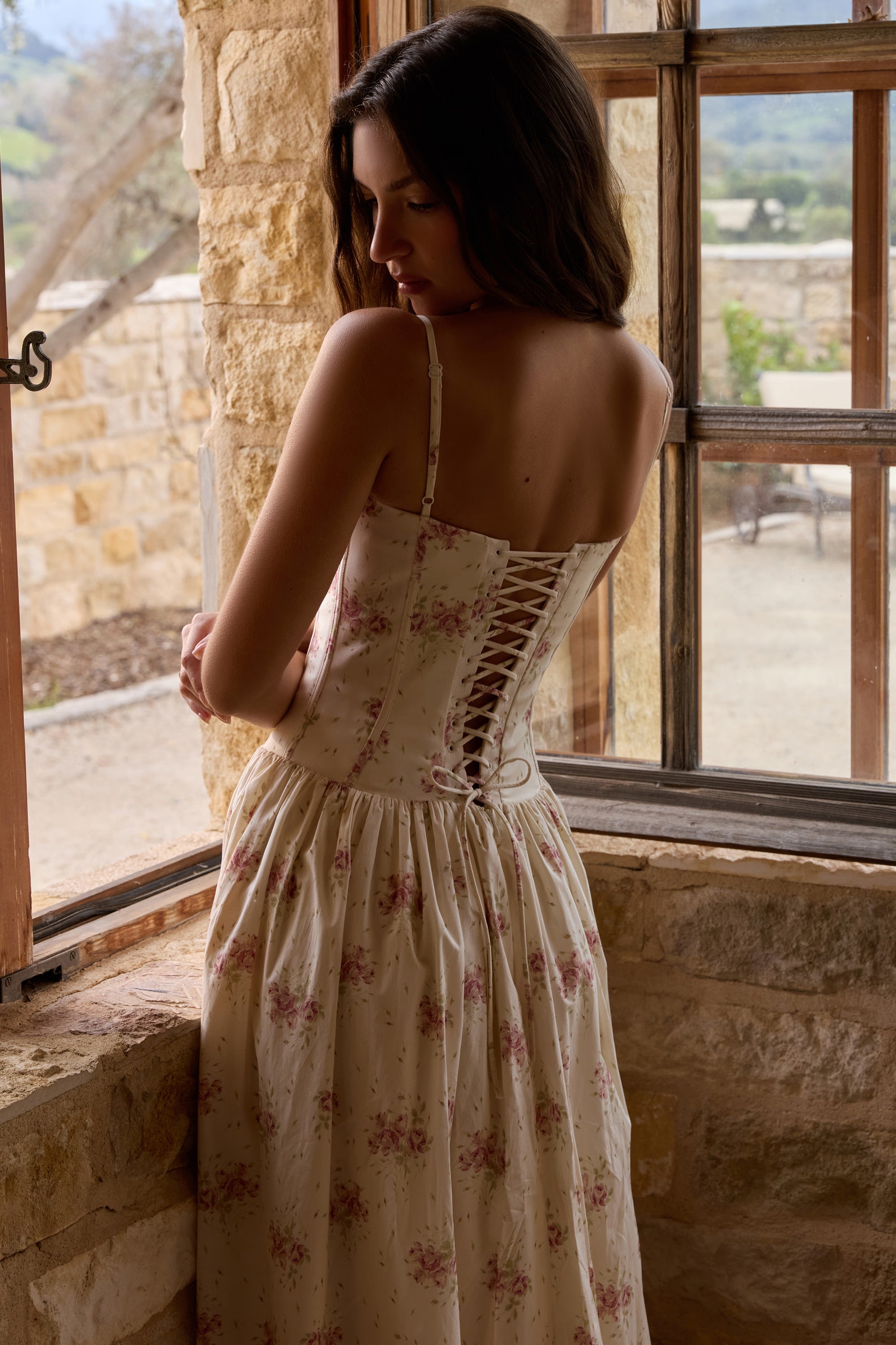ivory vintage rose print cotton maxi dress