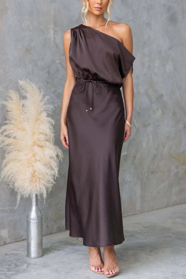 Solid Color One-shoulder Sleeveless Belted Casual Maxi Dress