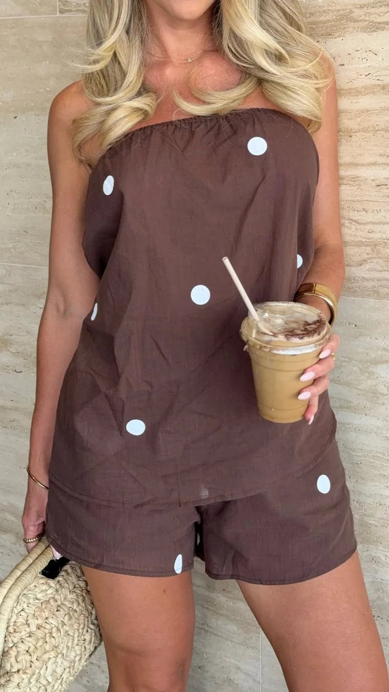Calliope Strapless Top and Shorts Set - Brown/White Polka