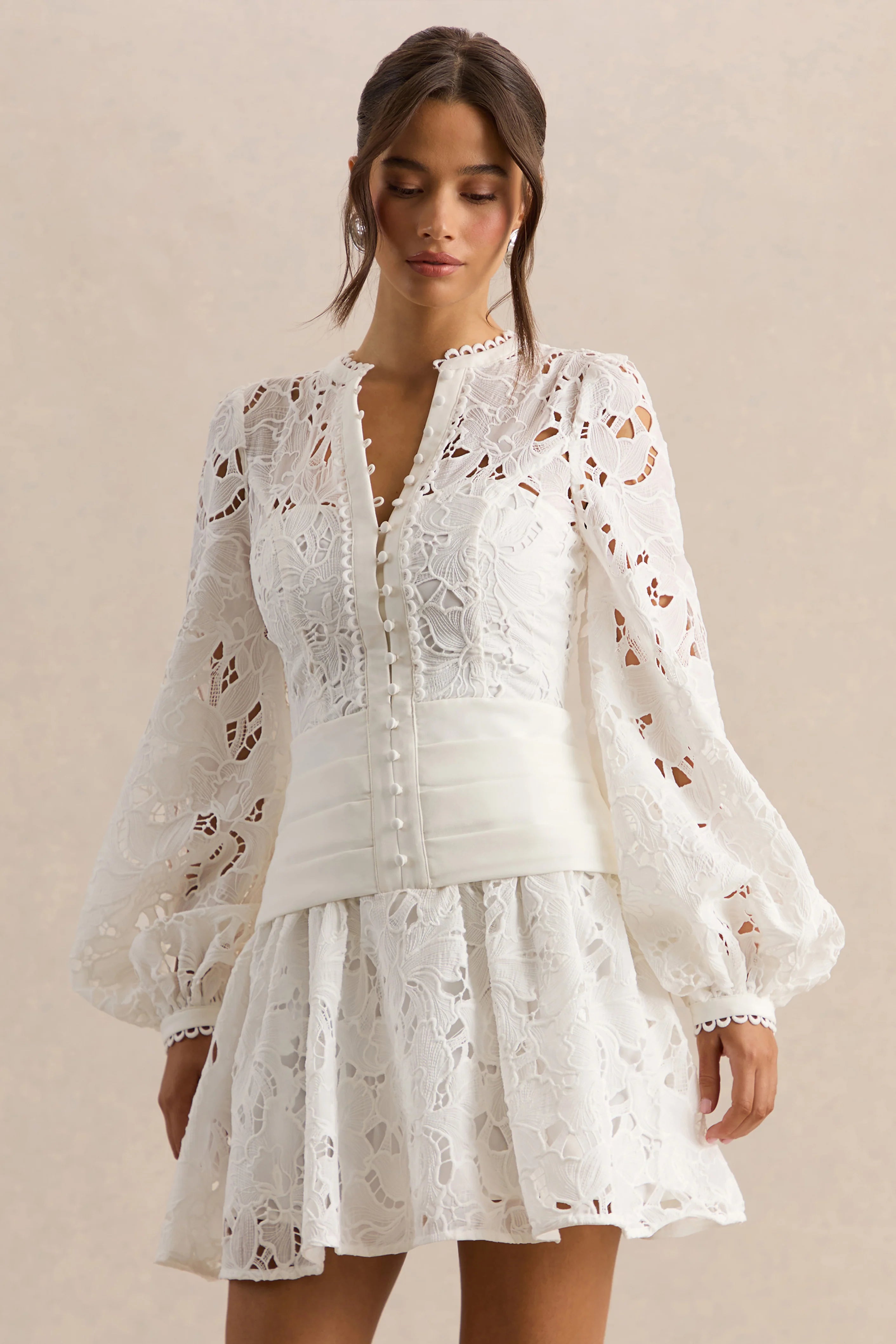 Helena | White Crew-Neck Mini Dress With Puff-Sleeves and Pleated Skirt