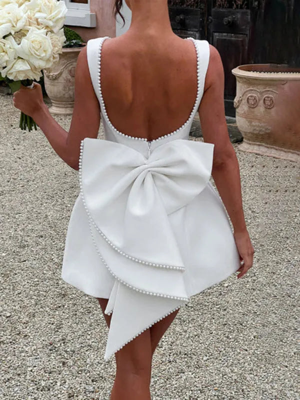 Pearl Bow Slim Backless A-Line Short Dress