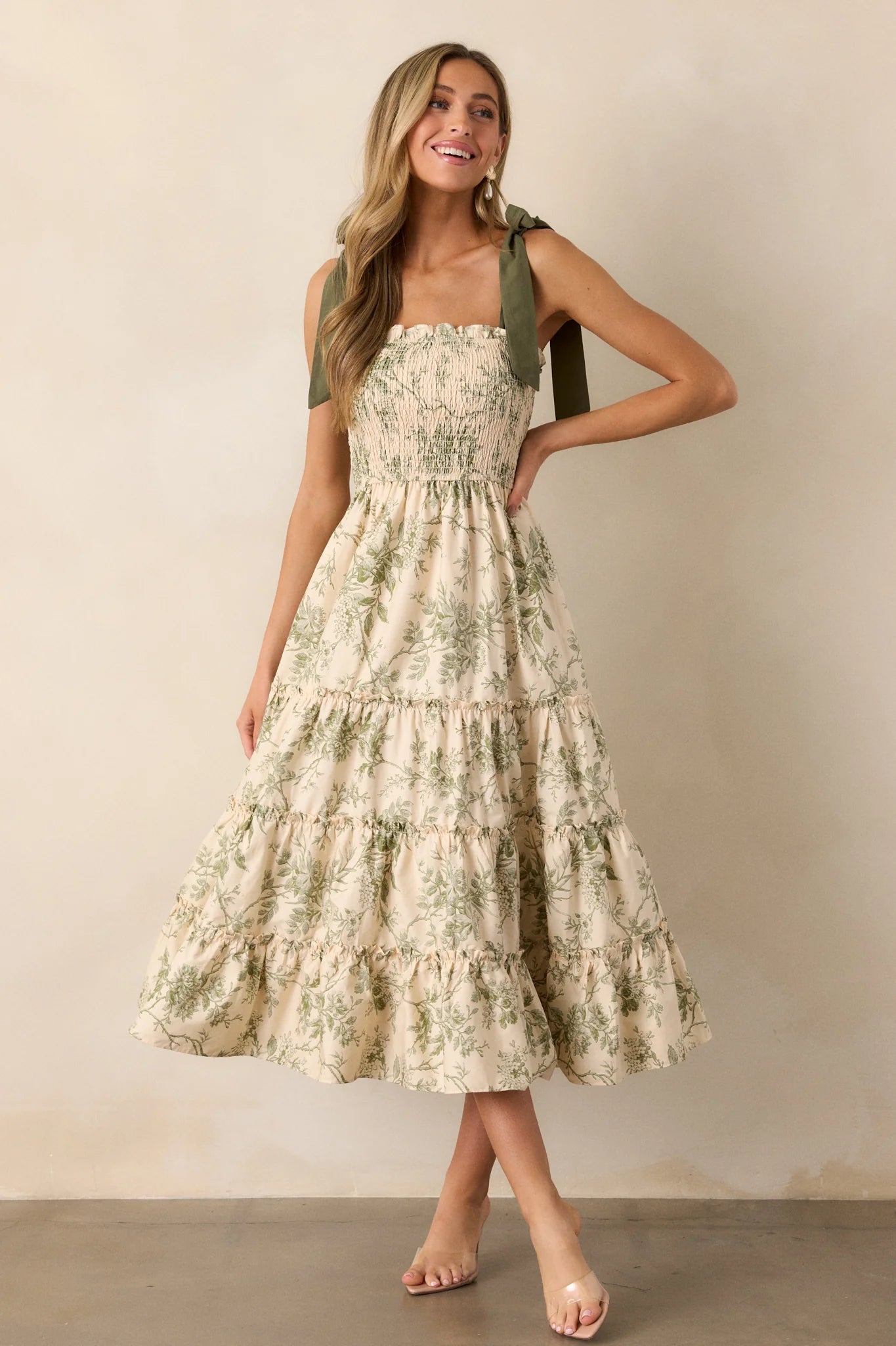 Wildflower Whisper 100% Cotton Ivory Green Floral Midi Dress