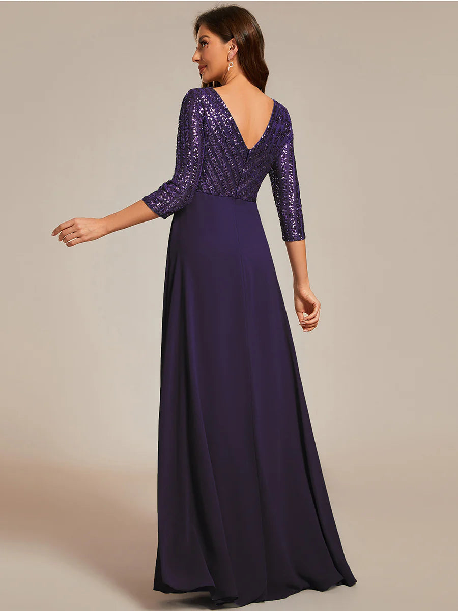 Sexy V Neck A-Line Sequin Wholesale Evening Dresses With 3/4 Sleeve