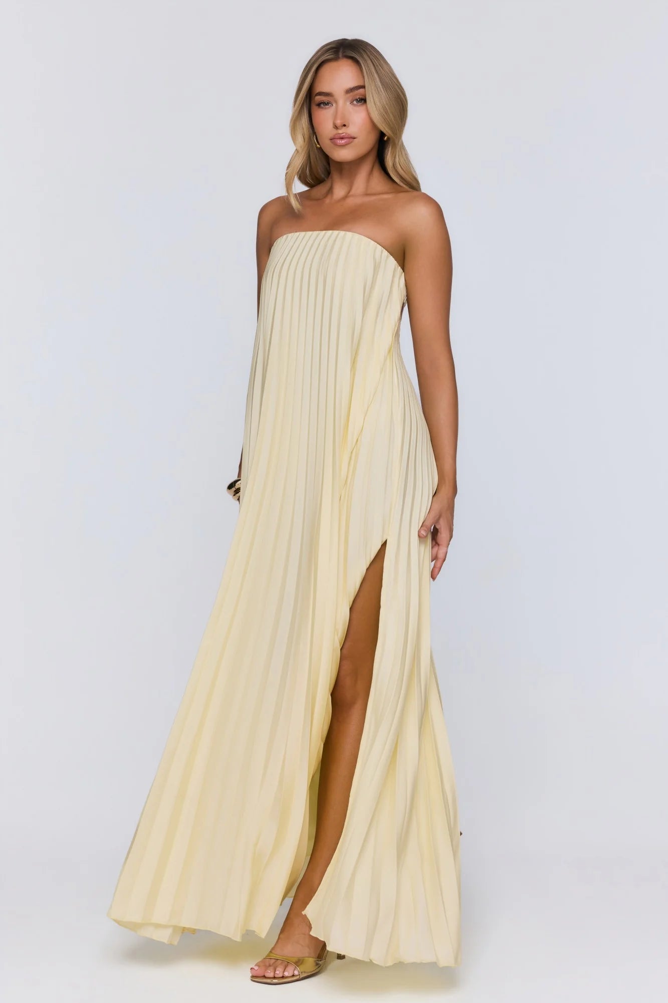 Moonlit Sea Pleated Strapless Maxi Dress Lemon