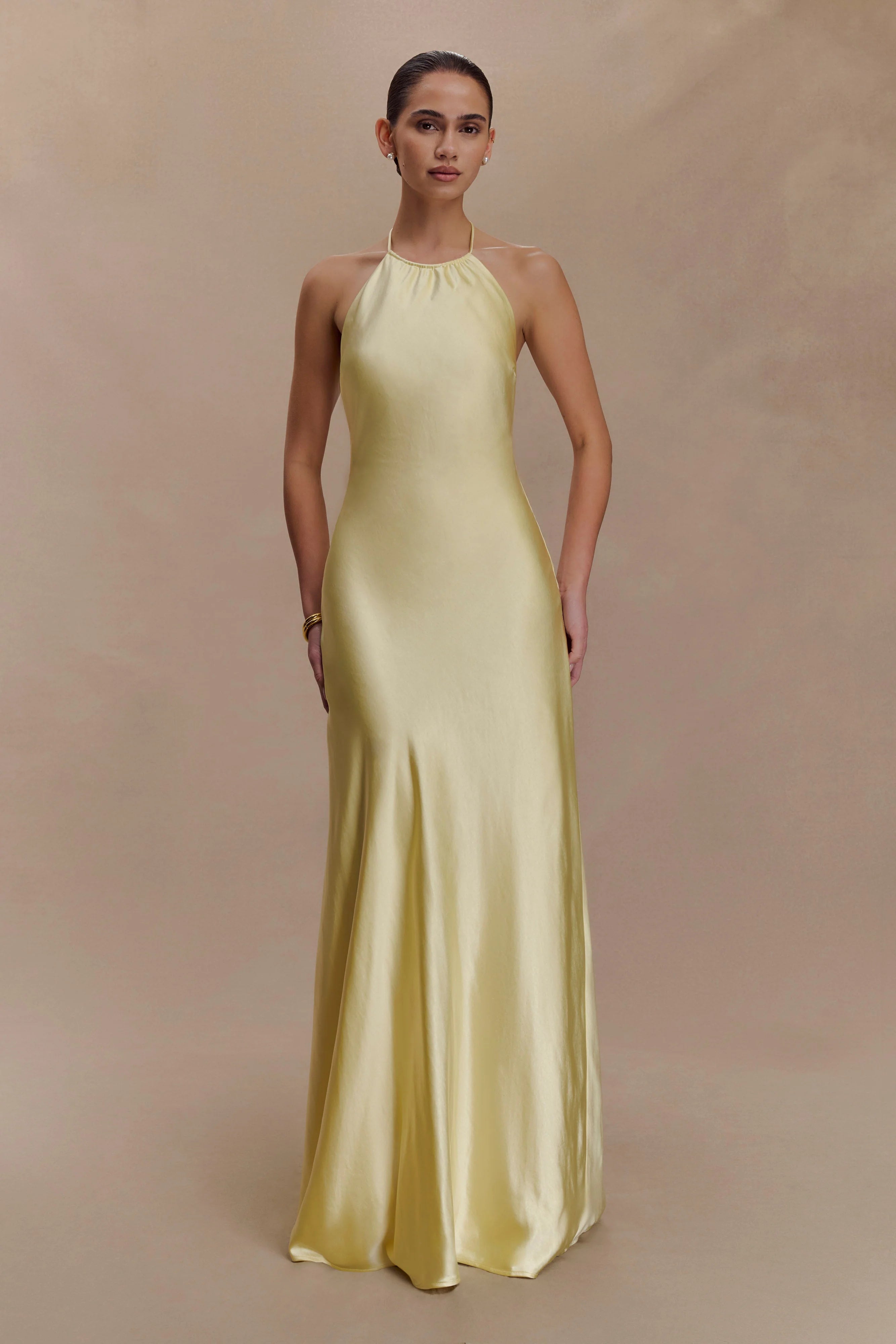 Bella Satin Halter Maxi Dress - Lemon