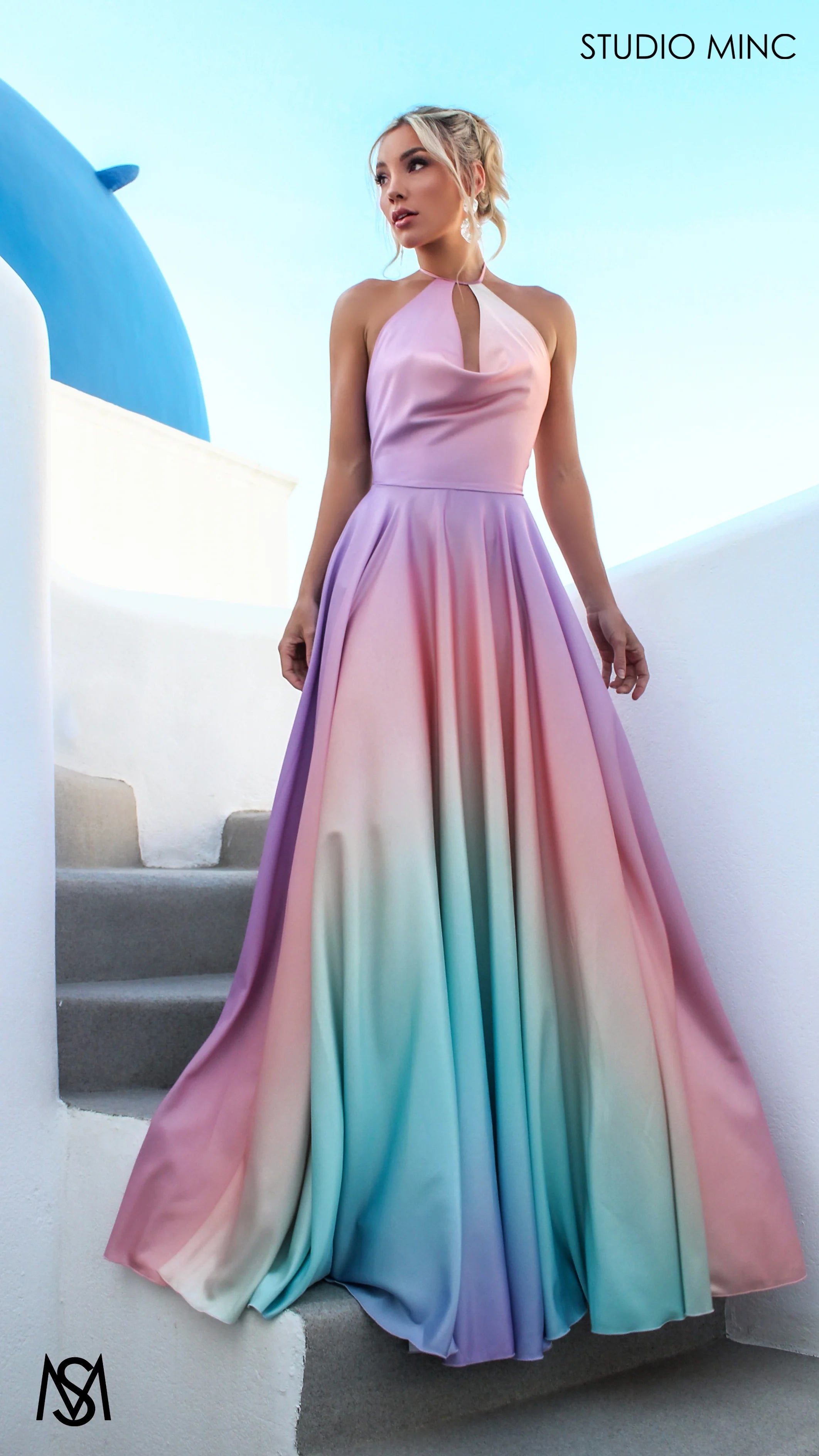 SUNSET PINK - Multi Colour pink Formal Dress, Satin High Neck Plunge & Backless