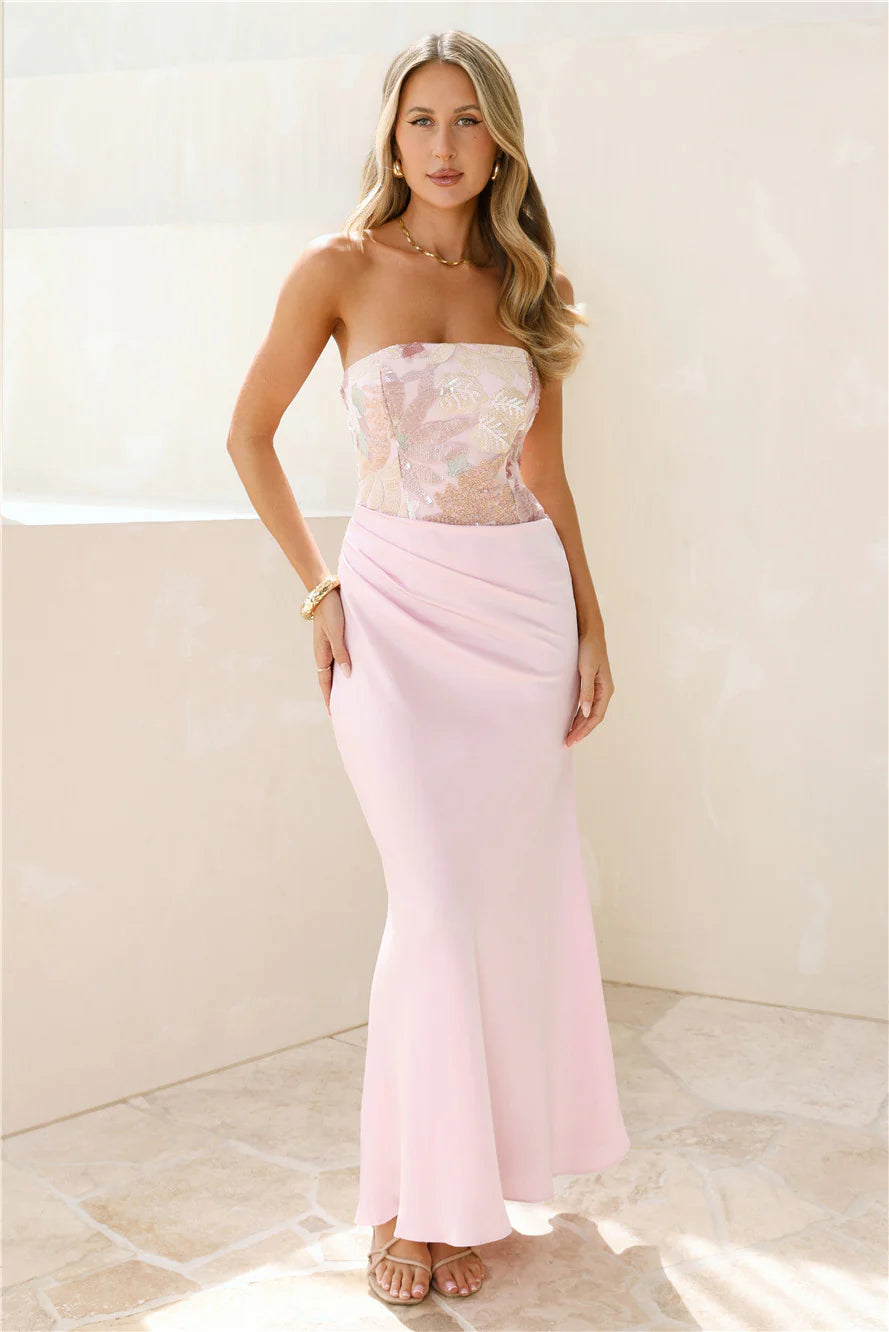 City Lights Chic Strapless Satin Maxi Dress Pink