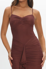 Kamilah Gathered Cascading Ruffle Midi Dress Maroon