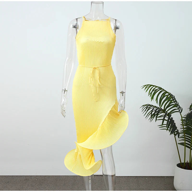 Sculpted Ruffle Asymmetric Hem Halter Midi Dress