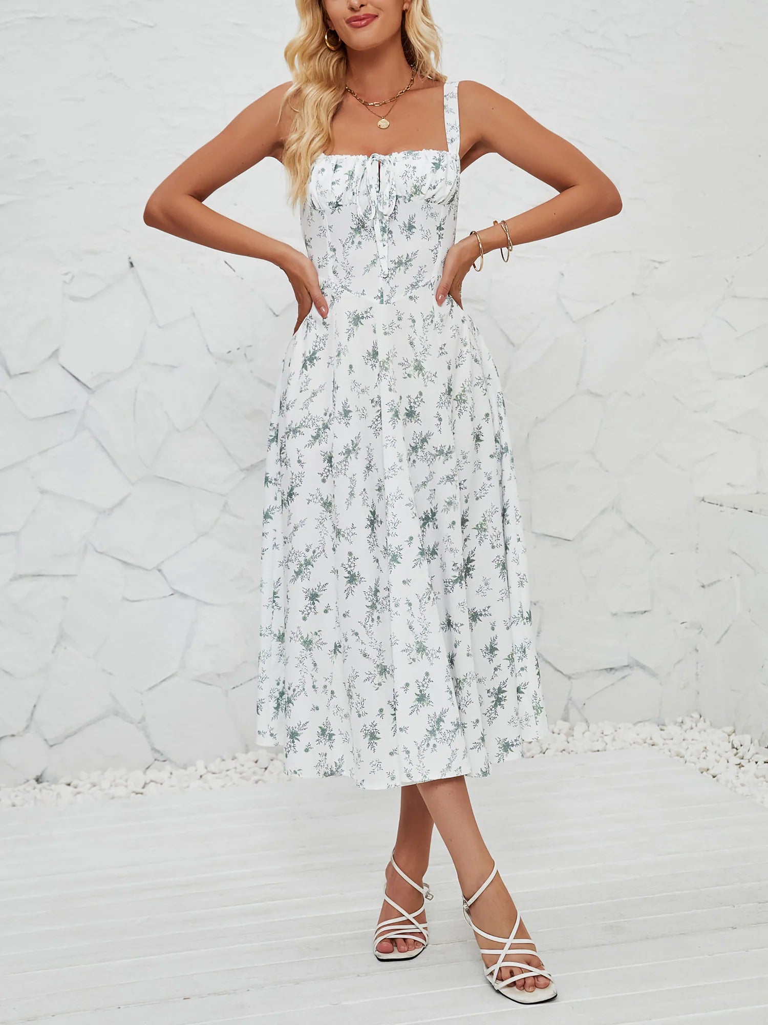 Floral Sleeveless Lace-Up Side Slit Dress Sundress
