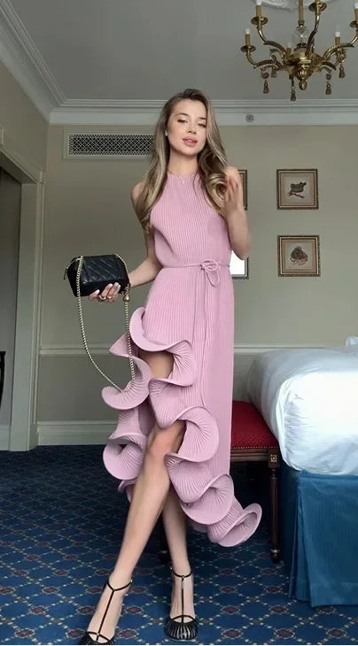 Sculpted Ruffle Asymmetric Hem Halter Midi Dress