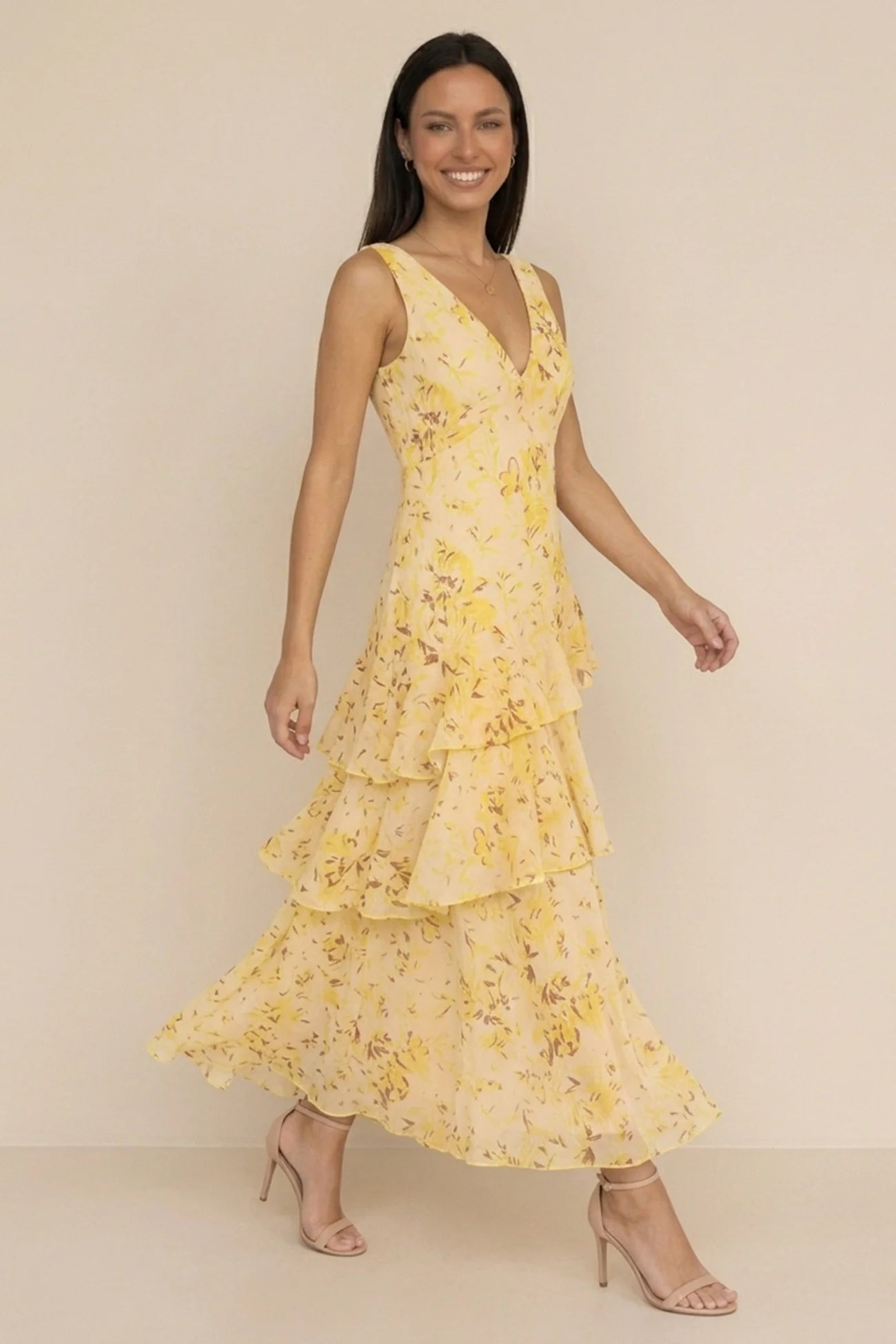 Floral Print Tie-up Back Chiffon Tiered Dress