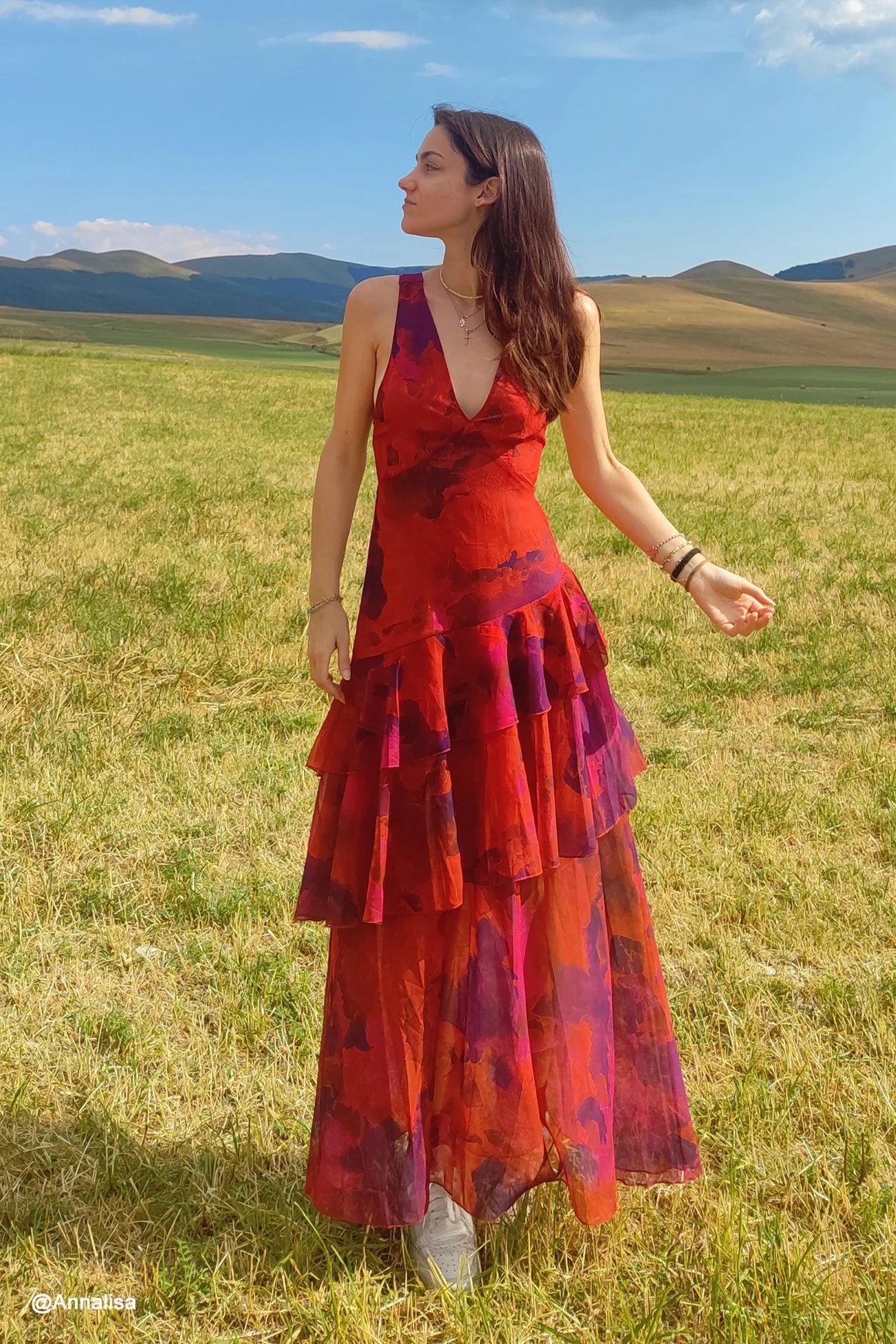 Floral Print Tie-up Back Chiffon Tiered Dress