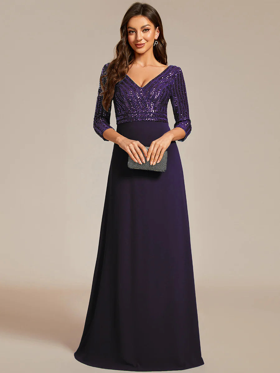 Sexy V Neck A-Line Sequin Wholesale Evening Dresses With 3/4 Sleeve