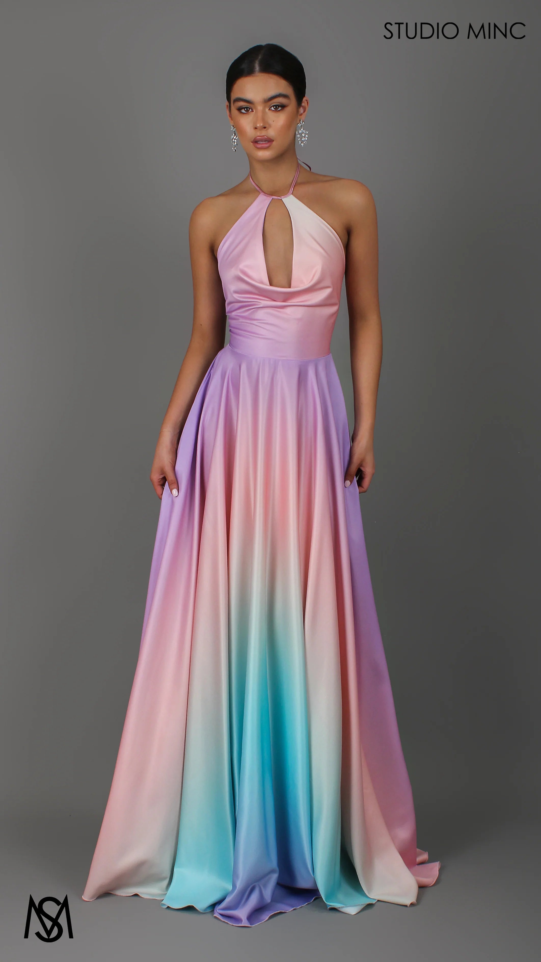 SUNSET PINK - Multi Colour pink Formal Dress, Satin High Neck Plunge & Backless