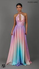 SUNSET PINK - Multi Colour pink Formal Dress, Satin High Neck Plunge & Backless