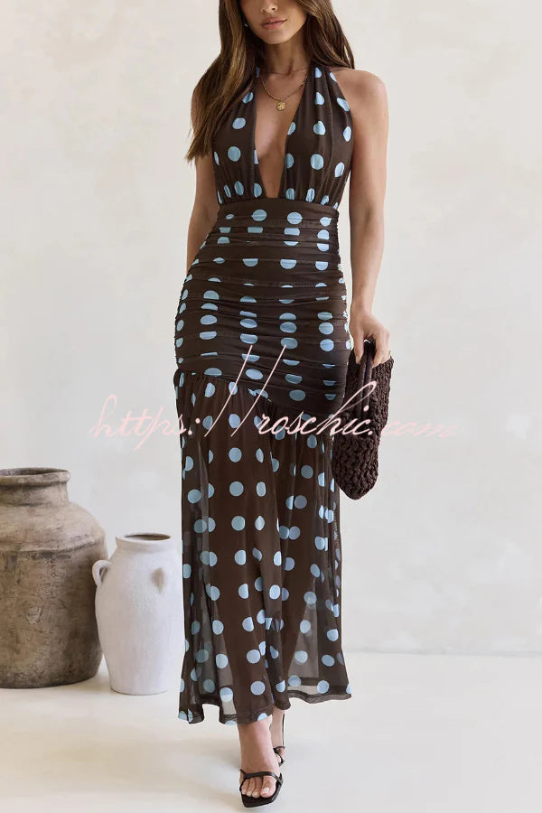 Polka Dot Print Halter Neck Tie Pleated Slim-fit Maxi Dress