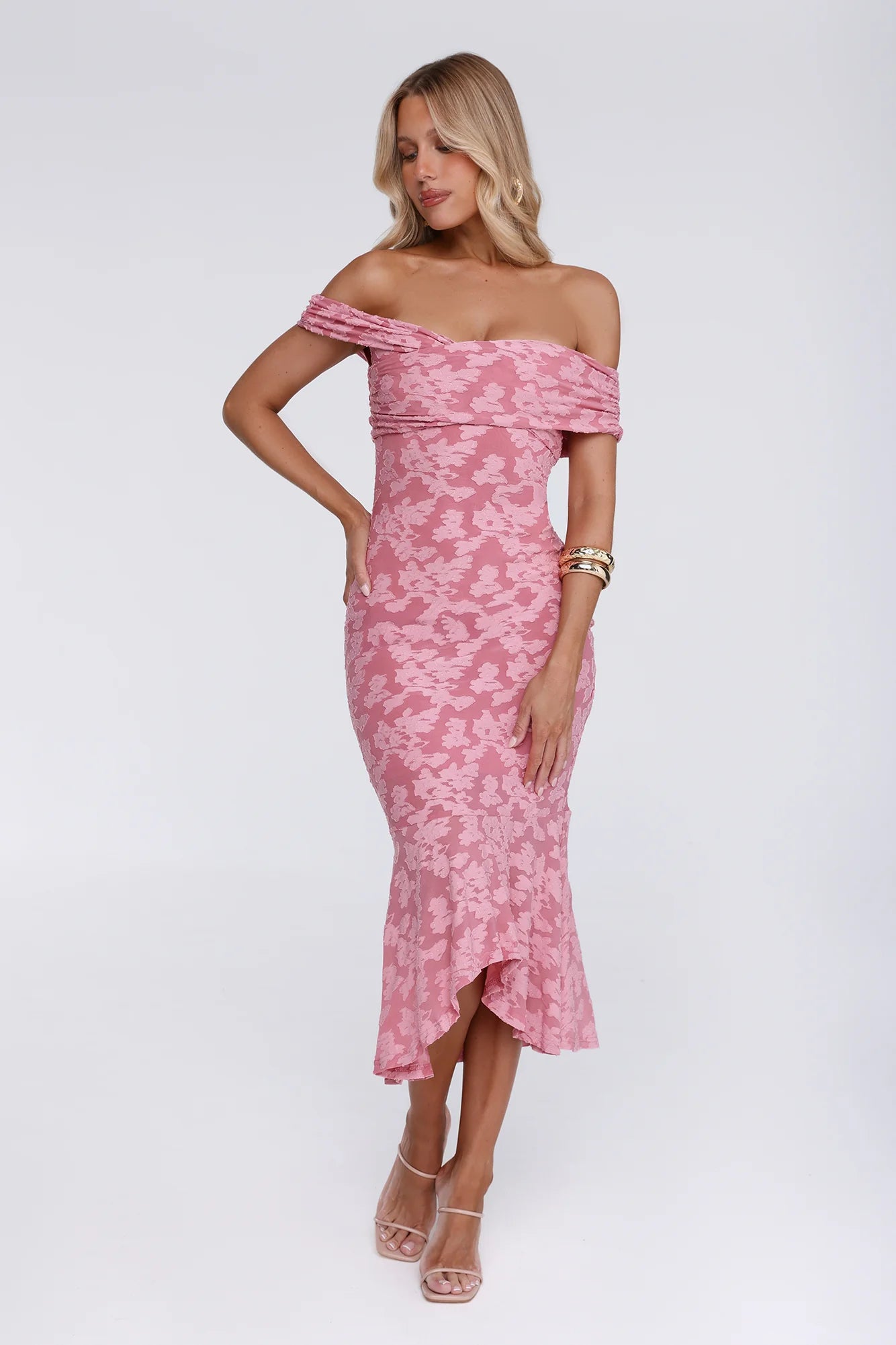 Botanical Embrace Off Shoulder Midi Dress Rose