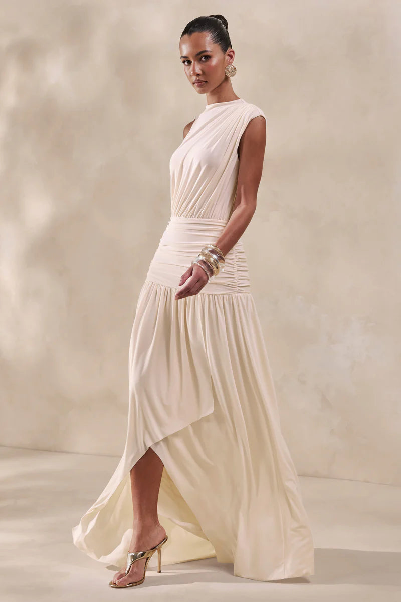 Cream High-Neck Maxi Dress Gathered-Detailing