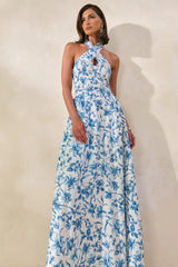 Liana | Blue Porcelain Print Halter-Neck Maxi Dress