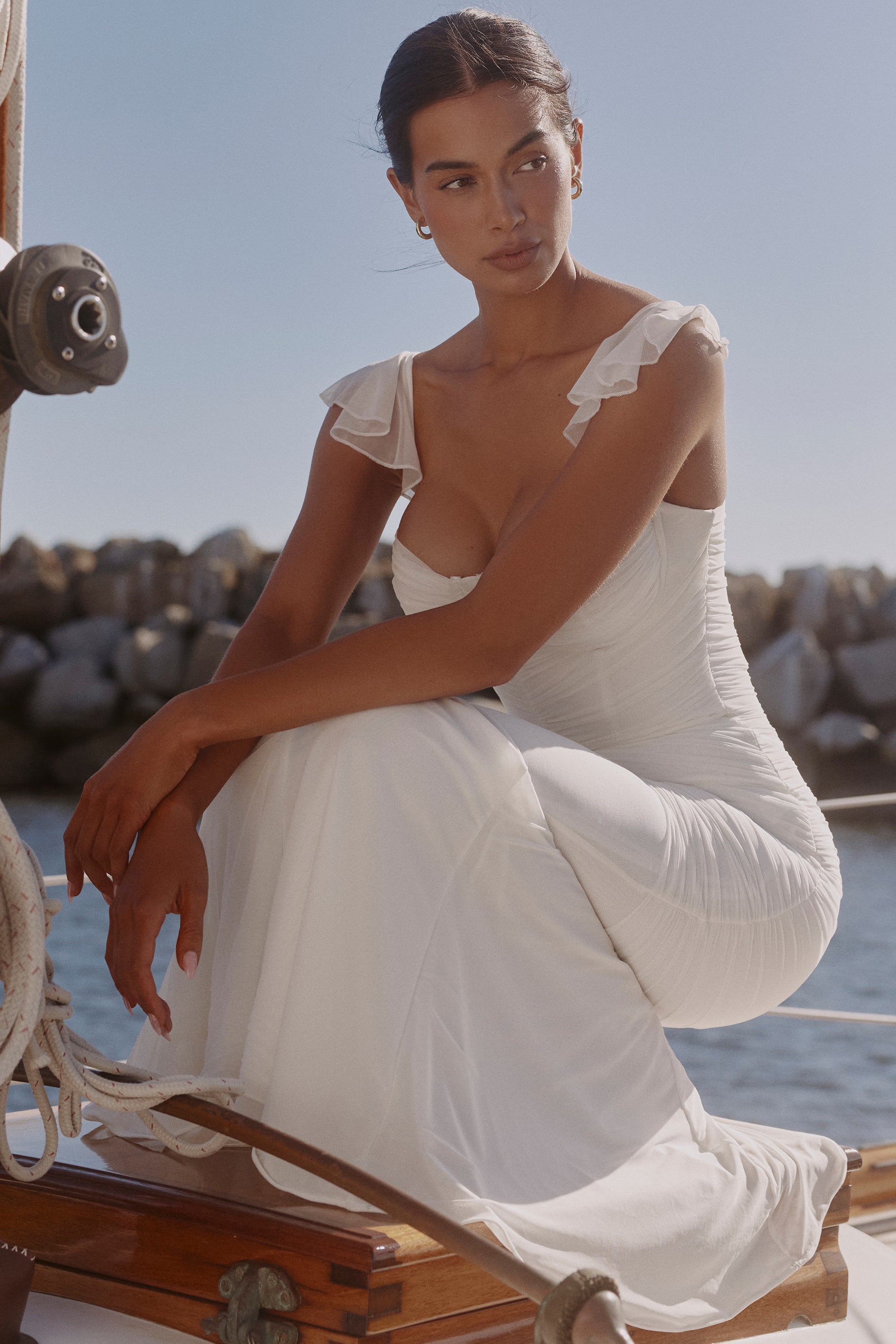 white gathered mesh maxi dress
