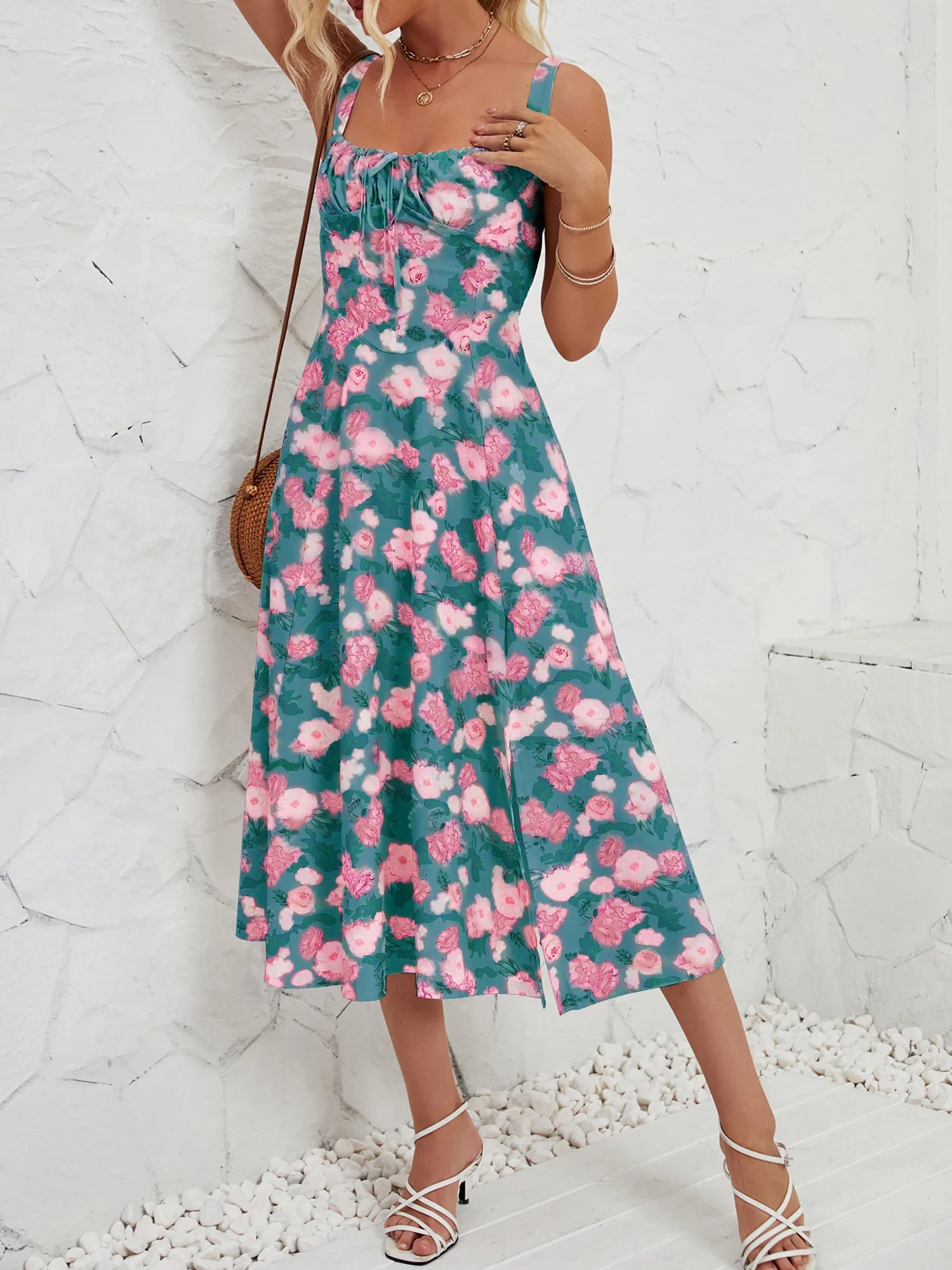 Floral Sleeveless Lace-Up Side Slit Dress Sundress