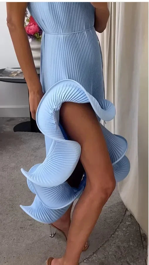 Sculpted Ruffle Asymmetric Hem Halter Midi Dress