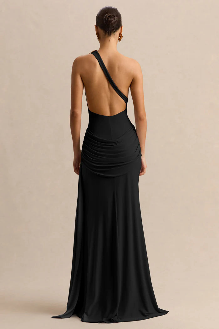Black Asymmetric-Neck Maxi Dress With Gold-Detail And Front-High Split